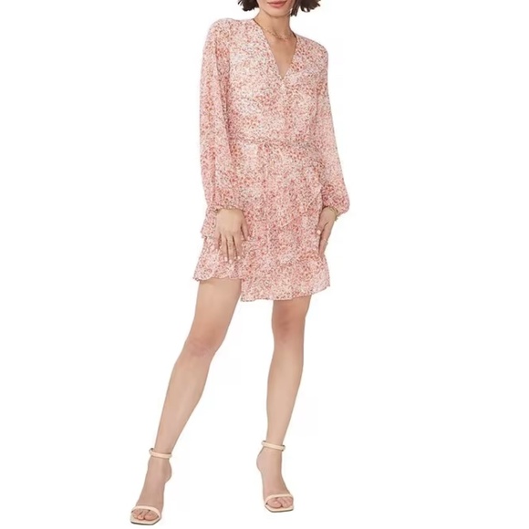 NWT 1. STATE V-Neck Long Sleeve Floral Tiered Ruffle Mini Wrap Dress - Picture 1 of 1